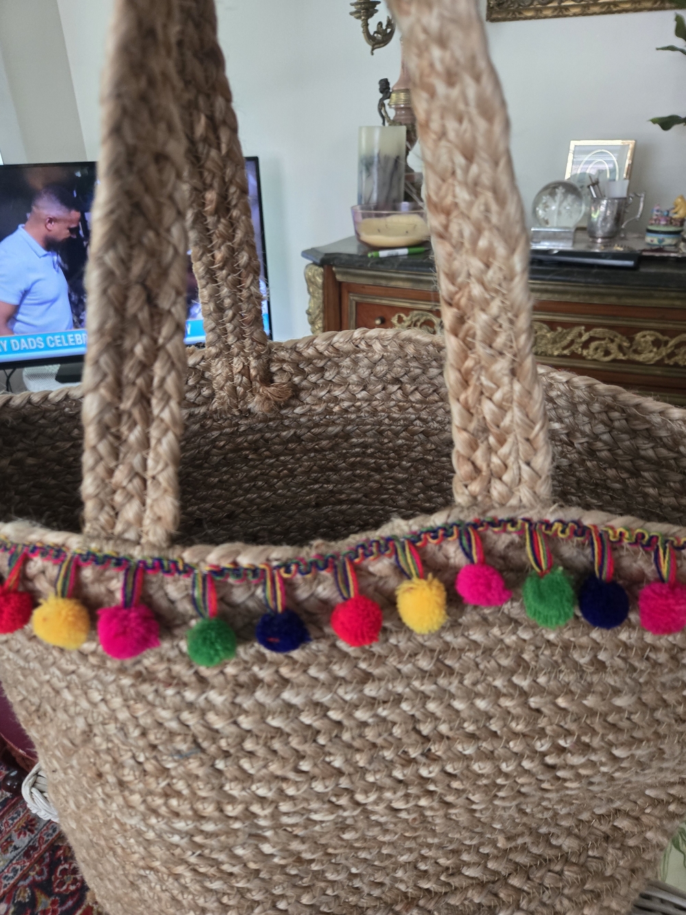 Handwoven Jute Tote with Colorful Pom Pom Trim